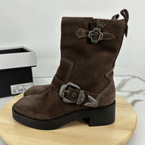 Larroude Hardy Boot Brown Suede Moto Boots Womens 6 Western Boho Buckle